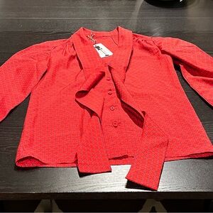 Vintage Red Printed Tie-Neck Blouse